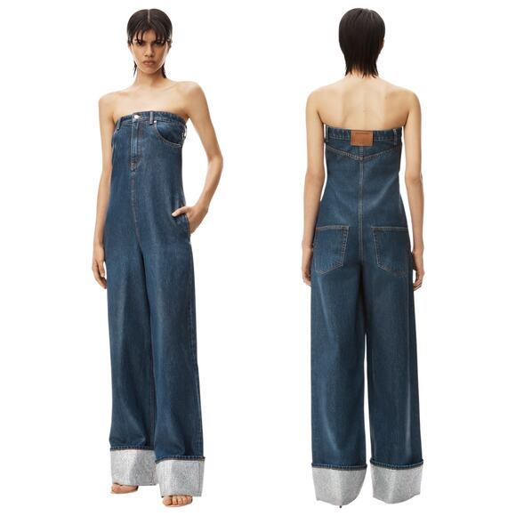 Alexander Wang Crystal Embellished Waxed Denim Strapless Jumpsuit - Picture 7 of 16
